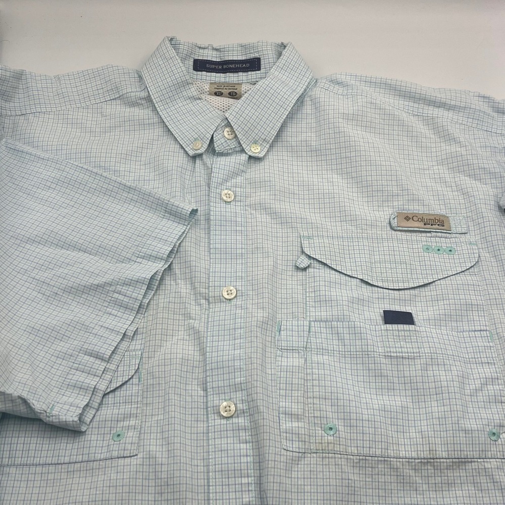 Columbia PFG Super Bonehead Fishing Shirt Mens XL Blue Plaid Short Sleeve Vented